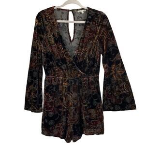 Charlotte Russe Womens M Brown Burn Out Velvet Sheer Romper DeepV Neck Festival